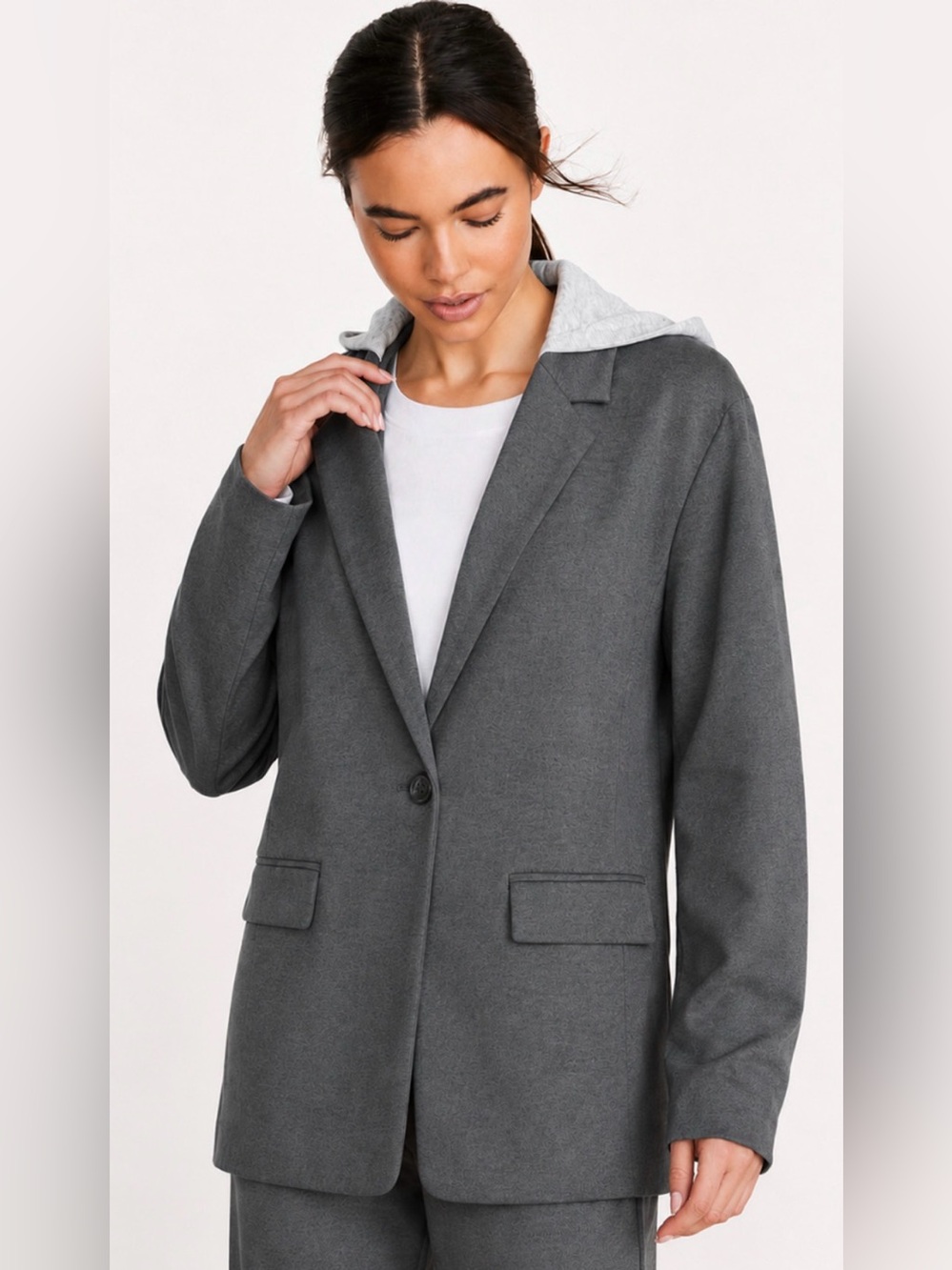 NEW LOU & GREY LOFT CHARCOAL GRAY SPORTY PONTE HOODED BLAZER JACKET SZ L